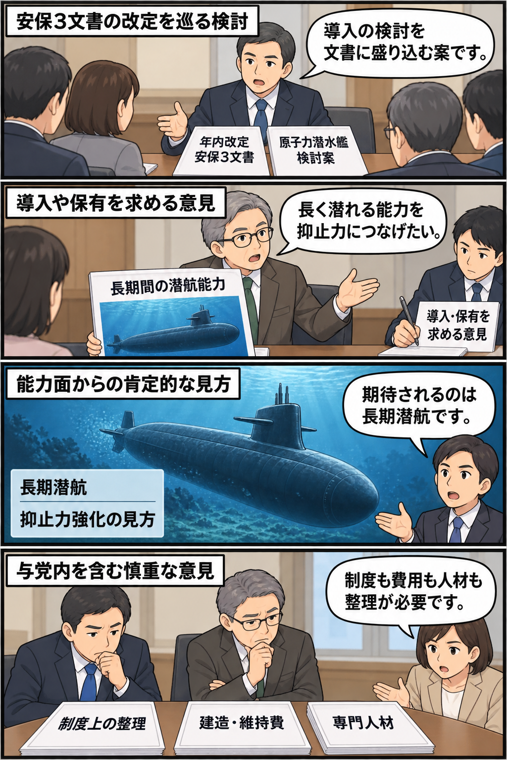安保3文書への原子力潜水艦の検討記載案を巡り、長期潜航による抑止力への期待と、制度、費用、人材への懸念が並ぶ様子を描いた4コマ漫画。
