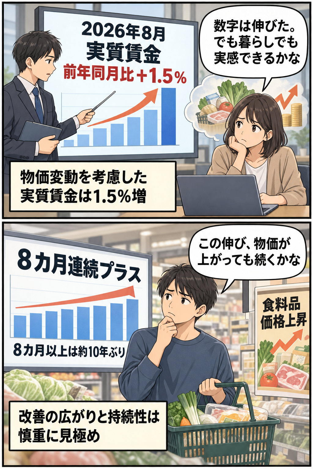 実質賃金が2026年8月に1.5％増え、8カ月連続のプラスとなった統計を示しつつ、生活者が物価上昇下での実感と持続性を慎重に見つめる2コマ漫画。