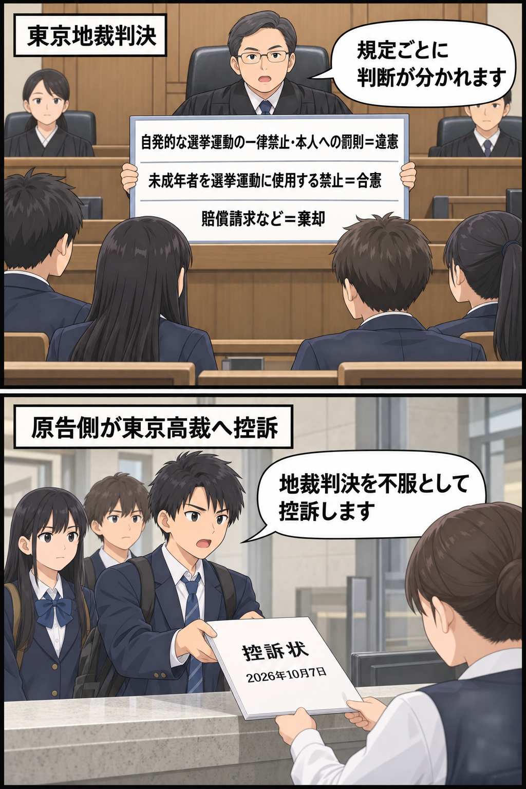東京地裁が18歳未満の自発的な選挙運動の一律禁止などを違憲とする一方、未成年者を選挙運動に使用することの禁止を合憲と判断し、その後、高校生らが東京高裁へ控訴する様子を描いた2コマ漫画。
