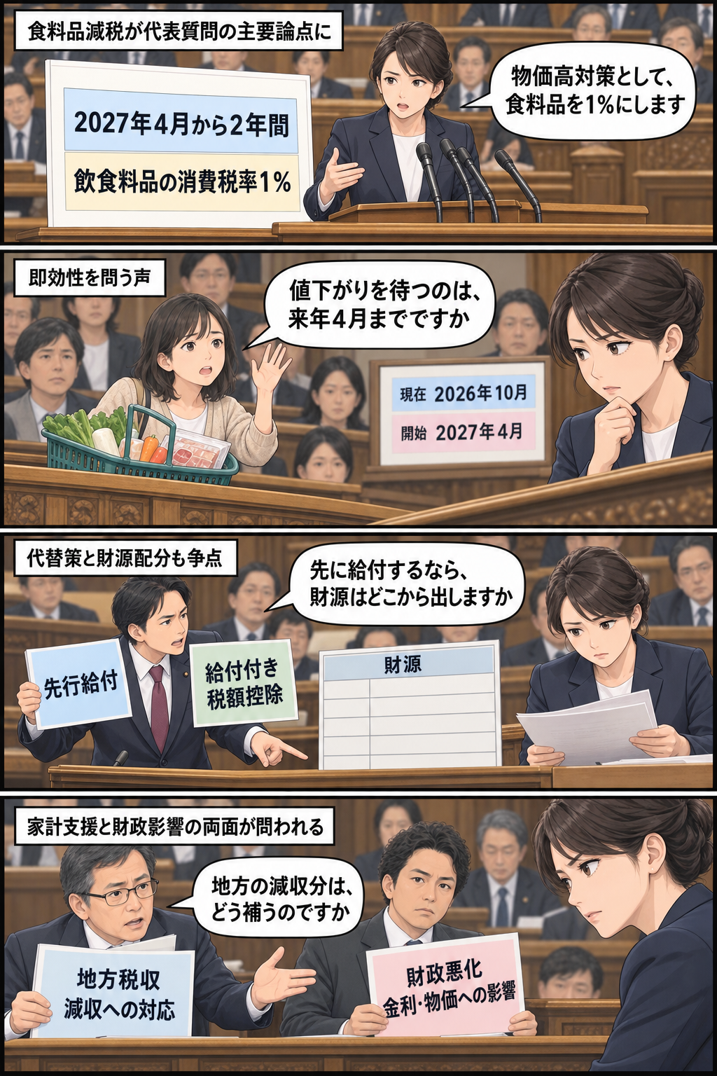 国会論戦を背景に、女性の首相風キャラが食料品の消費税率を2027年4月から2年間1％にする方針を説明し、買い物客や野党議員、地方自治体の担当者が開始時期、代替策の財源、地方の減収について具体的に問いかける4コ...
