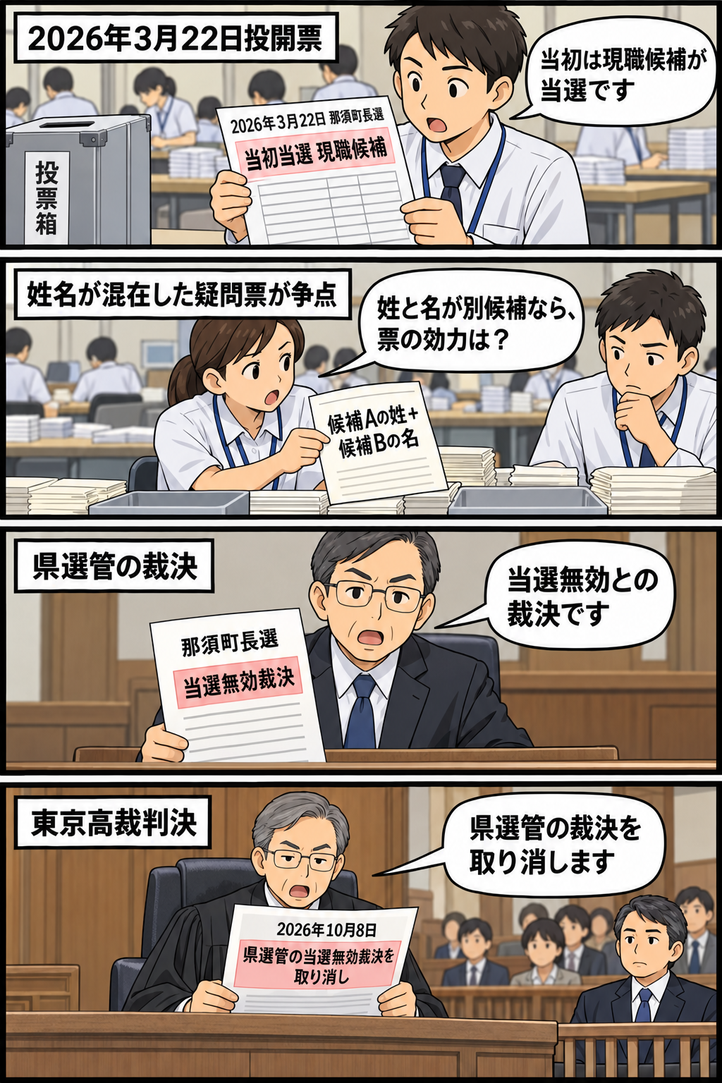那須町長選の当初当選から、候補者の姓名が混在した票を巡る争い、県選管の当選無効裁決、東京高裁による裁決取り消しまでを中立的に描く4コマ漫画。