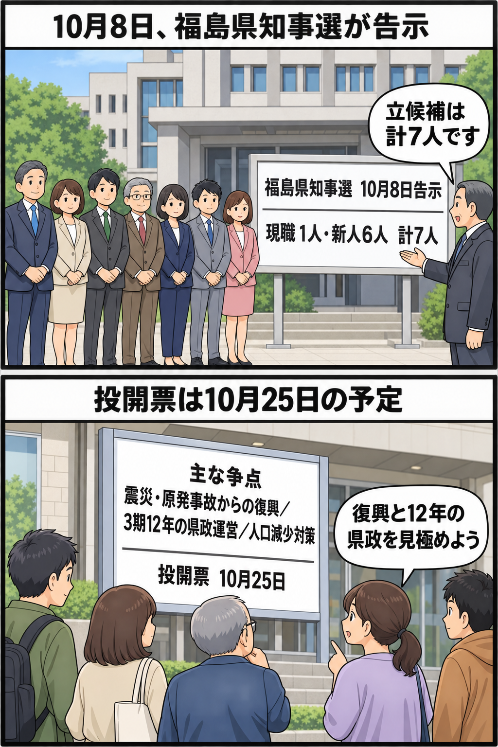 福島県知事選に現職1人と新人6人の計7人が立候補し、復興や県政運営、人口減少対策を争点として10月25日の投開票に臨む様子を中立的に描いた2コマ漫画。