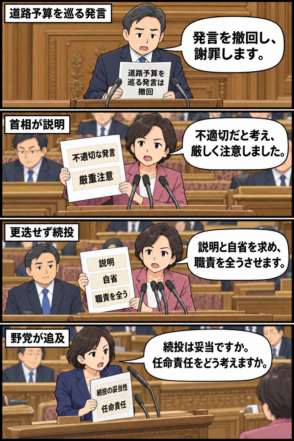 男性の農水相風キャラが道路予算を巡る発言を撤回して謝罪し、女性の首相風キャラが厳重注意した上で続投方針を表明し、女性の野党議員風キャラが任命責任を追及する4コマ漫画。
