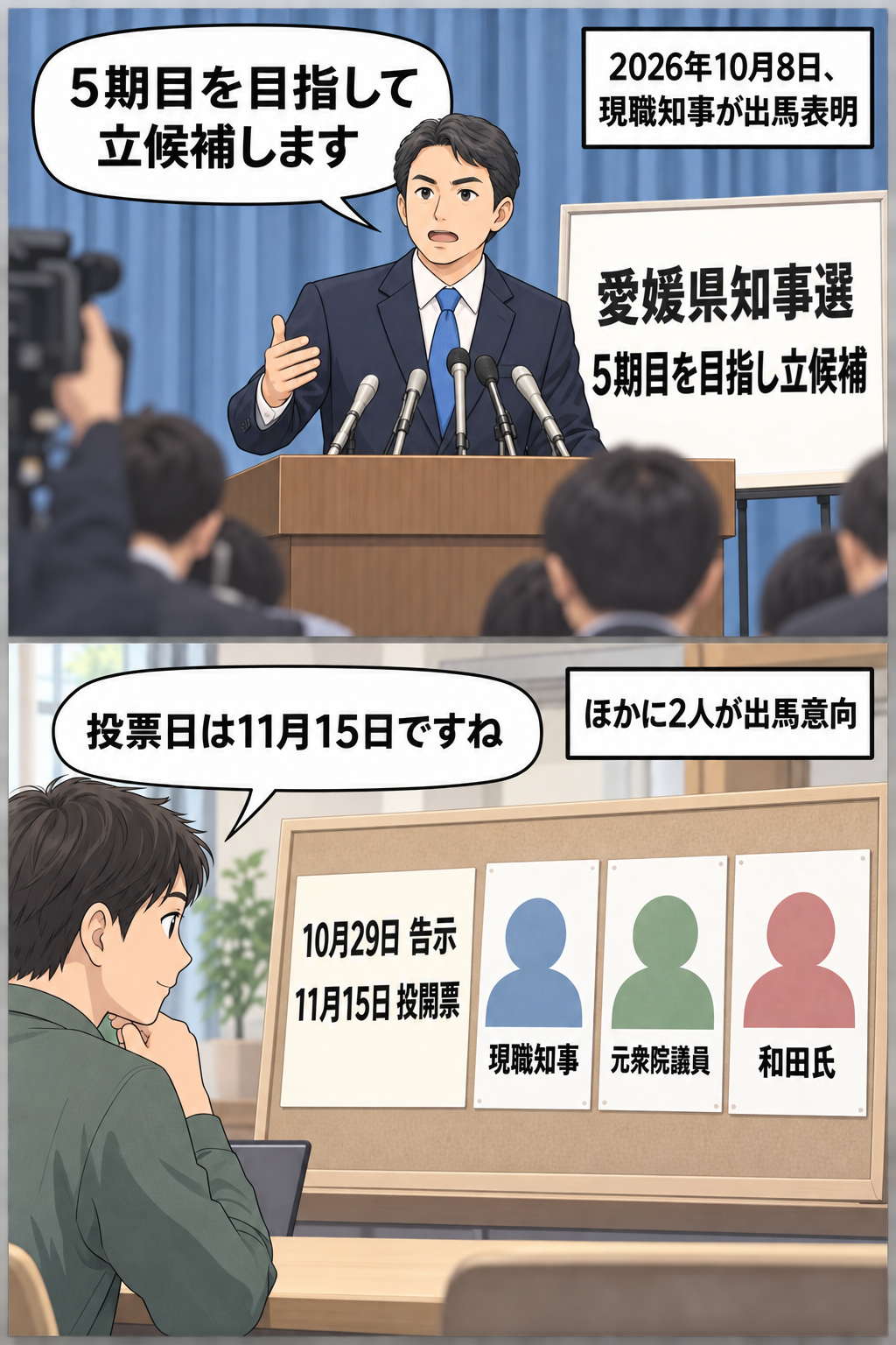 愛媛県知事選への5選を目指す出馬表明と、告示日・投開票日・ほかの出馬意向者を中立的に伝える2コマ漫画。