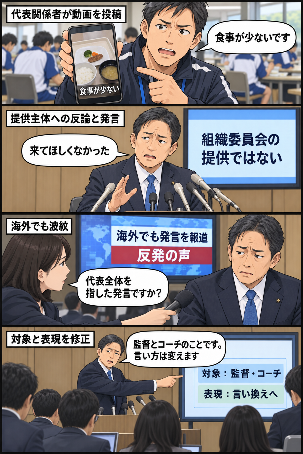 大会会場の食事を巡る動画への反論から、男性の知事風キャラの発言が海外で報じられ、記者に問われて対象と表現を修正するまでを描く4コマ漫画。