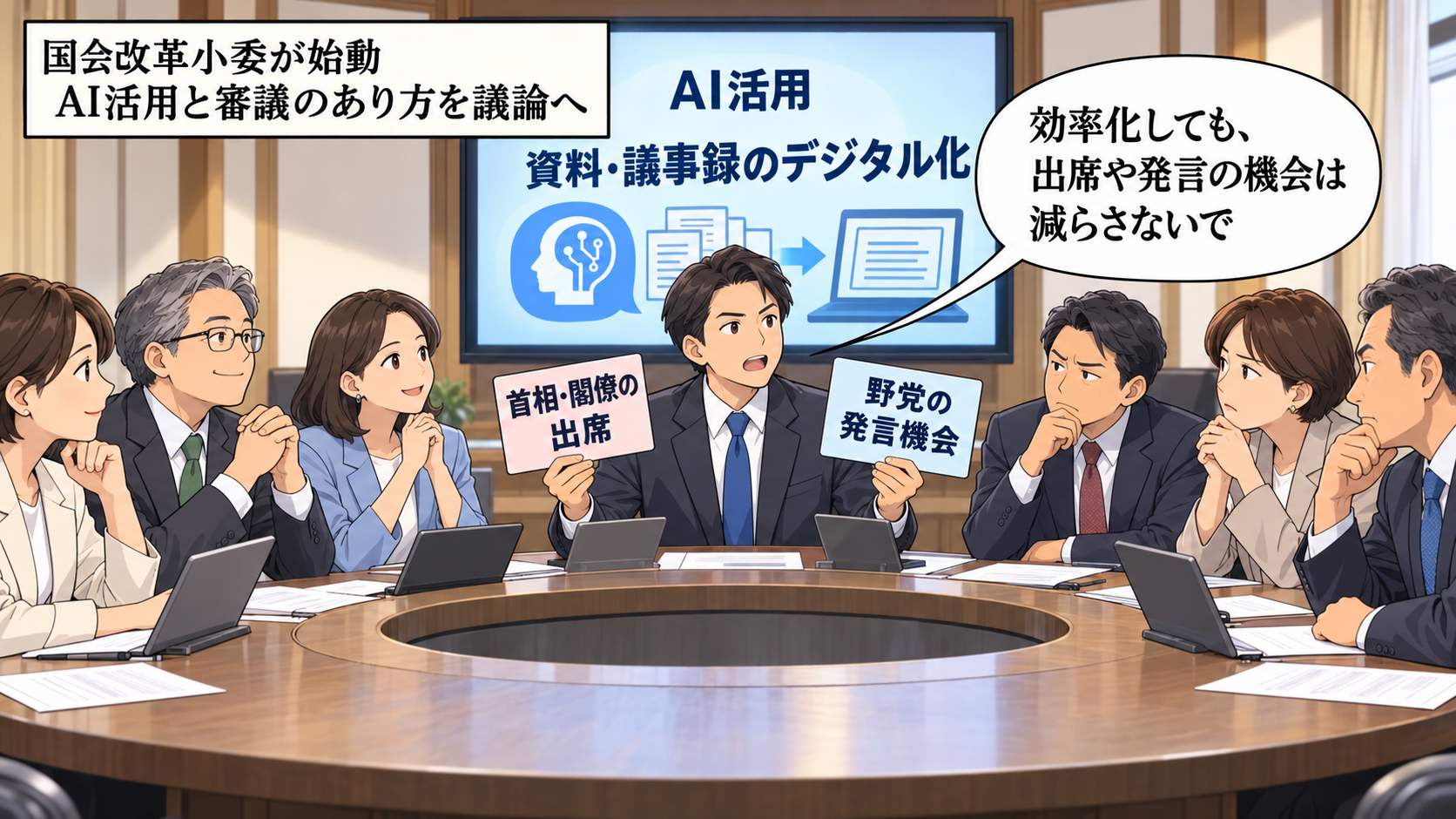 国会改革小委員会の会合で、AI・デジタル技術の活用案を示す委員と、首相・閣僚の出席や野党の発言機会を減らさないよう求める委員が向き合う中立的な漫画。
