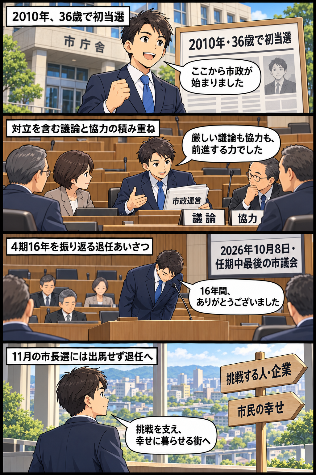 男性の市長風キャラが、36歳での初当選から議会との議論と協力を重ね、4期16年を終える最後の市議会で感謝と福岡市の将来への願いを述べる4コマ漫画。