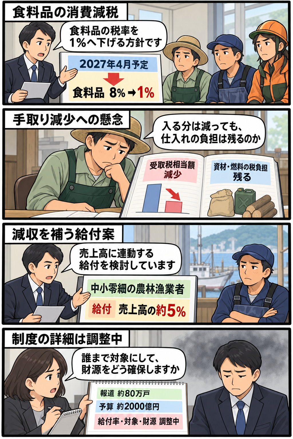 食料品の消費税率引き下げに伴う農林漁業者の手取り減少懸念と、売上高の約5％を給付する政府案、その規模や未確定事項を慎重な調子で描いた4コマ漫画。