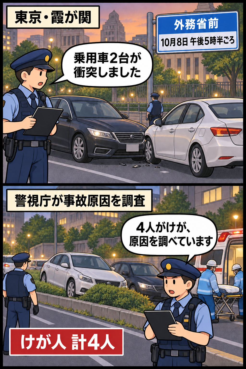霞が関の外務省前で外交官ナンバー車と一般乗用車が衝突し、一般車が中央分離帯へ進入した現場で、警察と救急が対応する中立的な2コマ漫画。