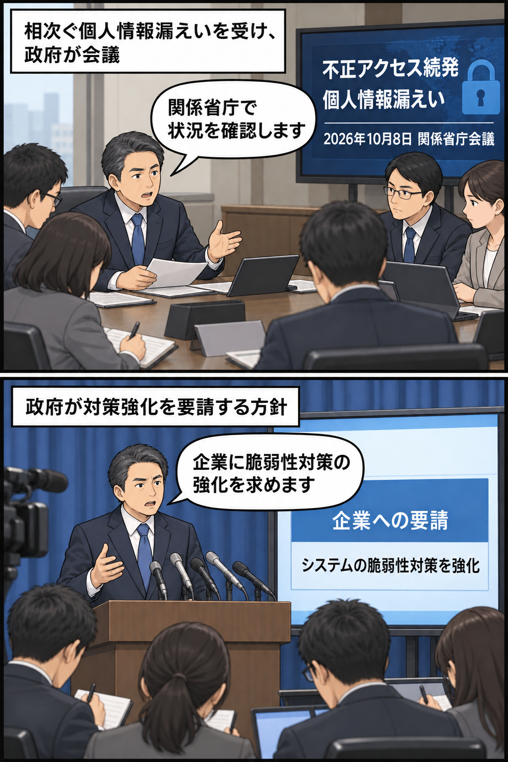 不正アクセスによる個人情報漏えいの続発を受けて関係省庁が会議を開き、男性のサイバー安全保障担当相風キャラが企業に脆弱性対策の強化を求める方針を説明する2コマ漫画。