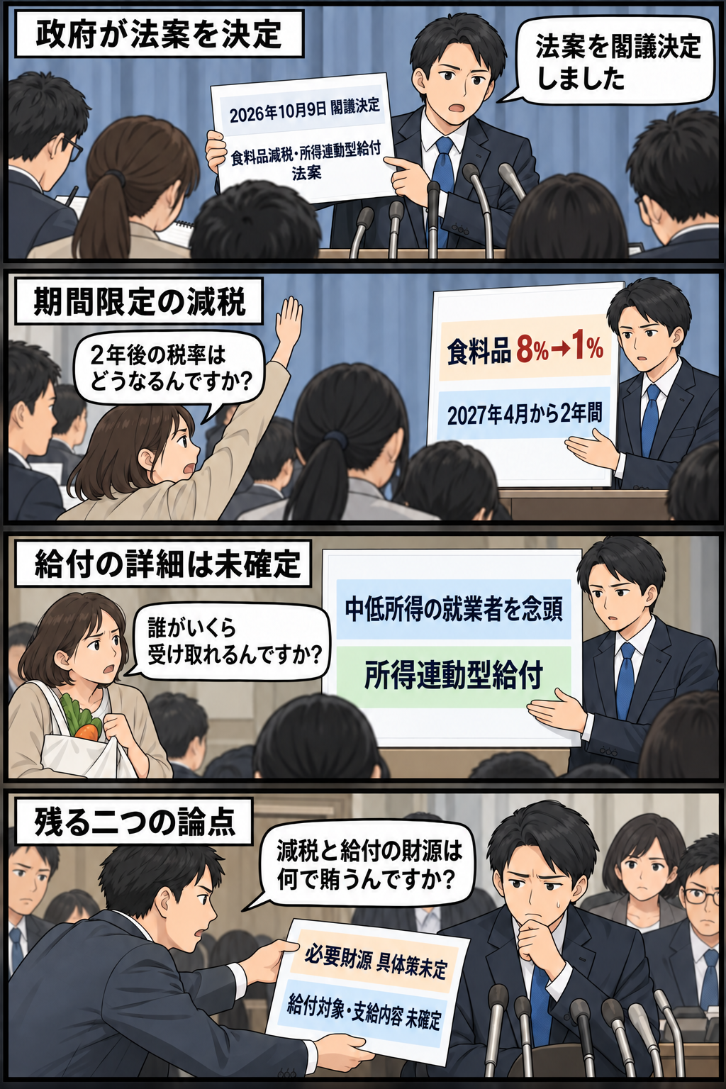 政府が食料品の消費税率を8％から1％へ2年間引き下げ、所得連動型給付を導入する法案を説明する一方、記者や生活者が財源と給付内容の未確定部分を問いただす4コマ漫画。