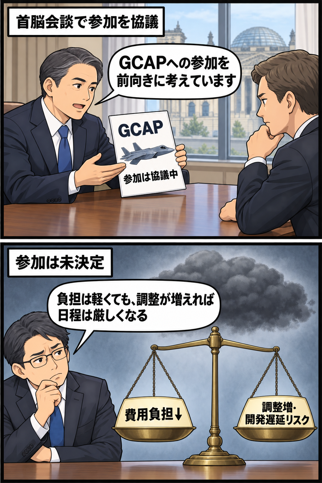 首脳会談で次期戦闘機共同開発への新たな参加を歓迎する意向が示され、その後、専門家が費用負担の軽減と調整複雑化による開発遅延の可能性を慎重に検討する2コマ漫画。